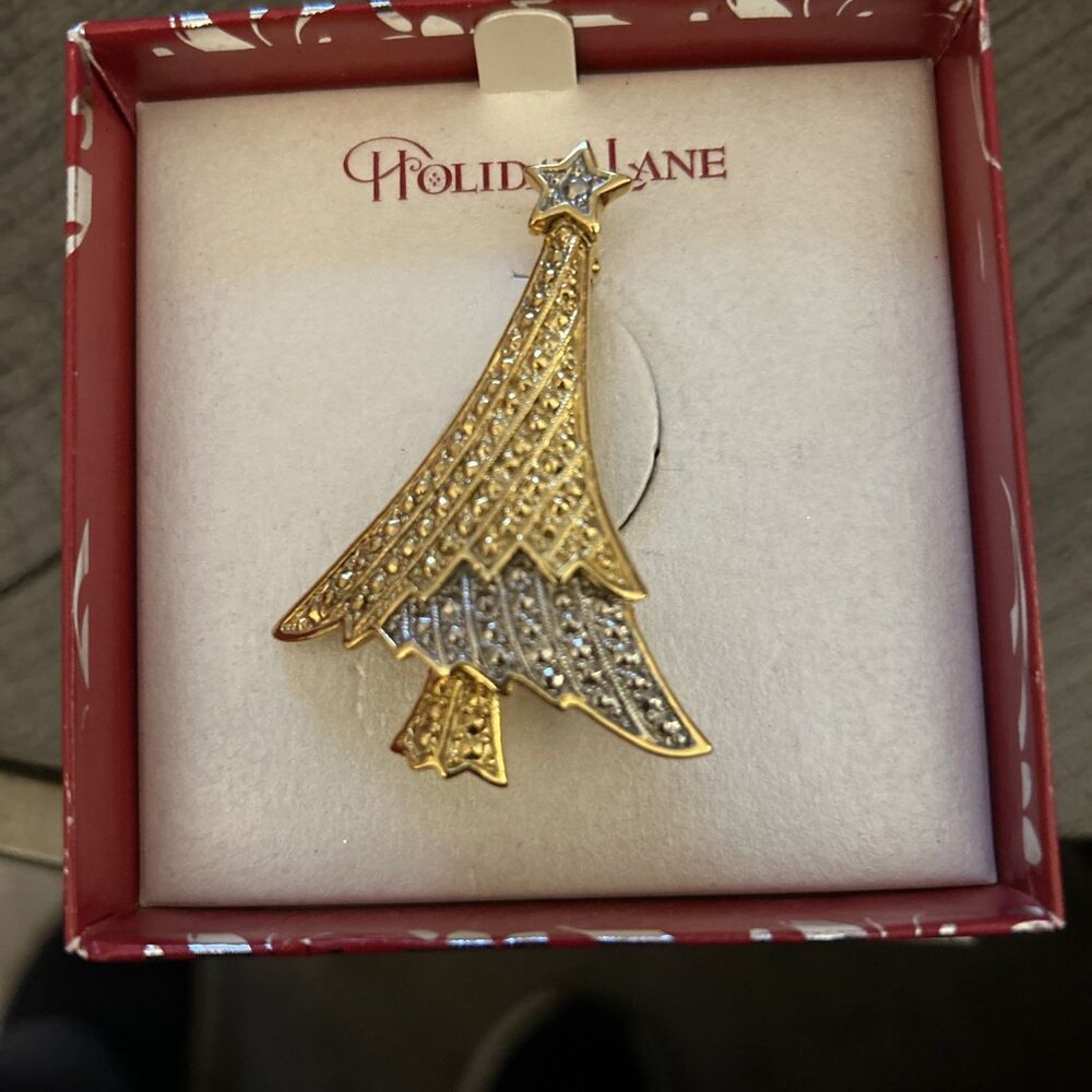 Macys Holiday Lane Sparkling Gold And Silver Christmas Brooch With Gift Box